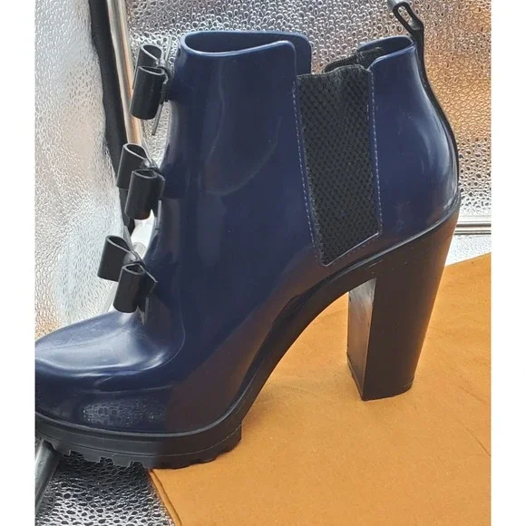 Melissa Karl Lagerfeld Boots‎ Womens 6 Blue Bow Chelsea Ankle Rain Heel Platform - Picture 10 of 16